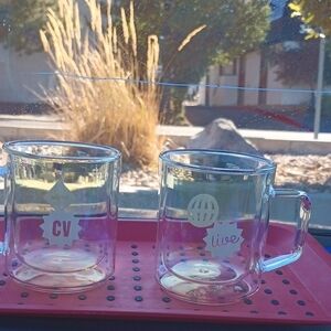 2 X  Corkcicle Clear Glass Mugs with Fun Decals For You And Guest , Dual Wall